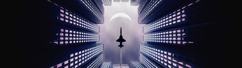Jet fighter, Moon, Buildings, Looking up at Sky, 5K