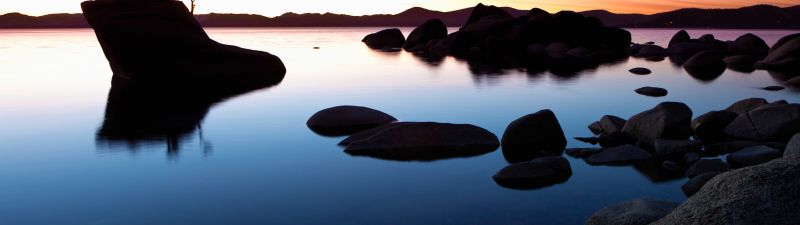 Landscape, Rocks, Lake, Sunset, Dusk, Pink sky, Body of Water, Reflection, Clear sky, 5K