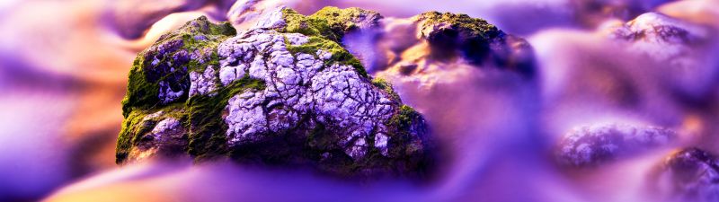 Aesthetic, Water Stream, Moss, Purple background, Long exposure, Rock, Closeup Photography, Beautiful, 5K