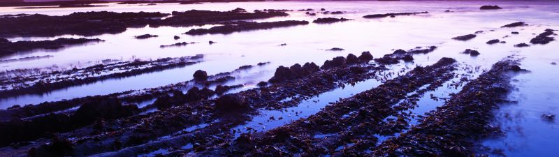 Fitzgerald marine reserve, California, USA, Moss Beach, Rocks, Sunset, Purple sky, Landscape, Seascape, Body of Water, Horizon, Clear sky, 5K