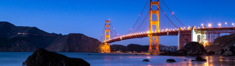 Golden Gate Bridge, Reflection, Body of Water, Night lights, Blue Sky, Clear sky, Landscape, Dusk, Rocks, 5K
