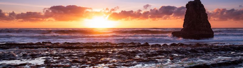 Davenport, California, USA, Sunset, Clouds, Marine Layers, Waves, Ocean, Seascape, 5K, 8K