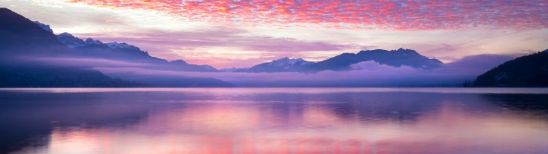 Pink clouds, Reflection, Lake, Body of Water, Mountains, Landscape, Scenery, Fog, 5K