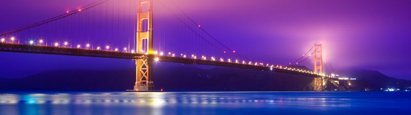 Golden Gate Bridge, 5K, San Francisco, California, Scenic, Pink sky, Blue, Body of Water, Pacific Ocean, Night lights, Reflection, Aesthetic