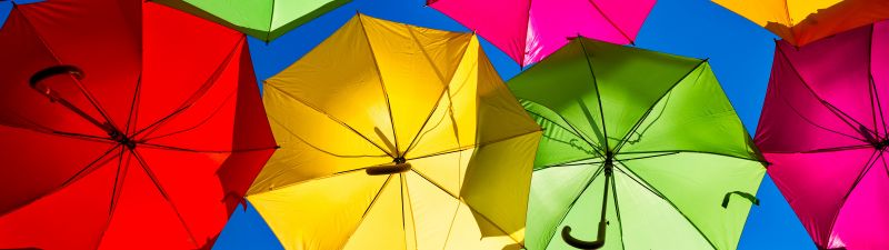 Umbrellas, Street festival, Colorful, Looking up at Sky, Rainbow colors, 5K