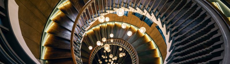 Wooden stairs, Aesthetic, Spiral staircase, Hanging lights, Chandelier, Modern lighting