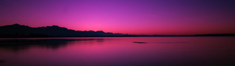 Sunset, Lake, Dusk, Purple sky, Reflection, Dawn, Body of Water, Dark, Backlit