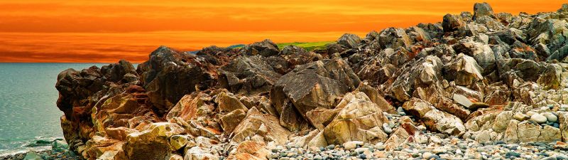 Landscape, Orange sky, Rocks, Pebbles, Sunset, Ocean, Coastal, Scenery, Water, 5K