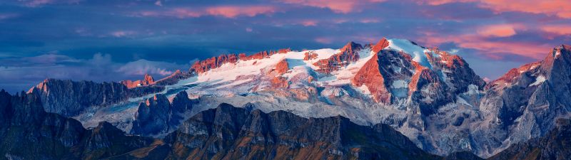 Marmolada Glacier, Italy, Mountain range, Snow covered, Landscape, Peaks, Tourist attraction, Aerial view, 5K, 8K