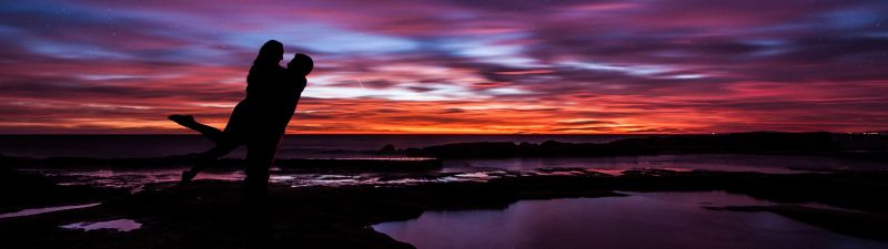 Couple, Sunset, Silhouette, Together, Romantic, Colorful Sky, Dusk, Water