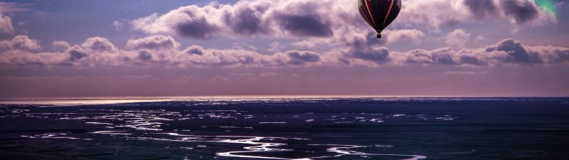 Hot air balloon, Aurora Borealis, Northern Lights, Clouds, Landscape, Dusk, Starry sky, 5K