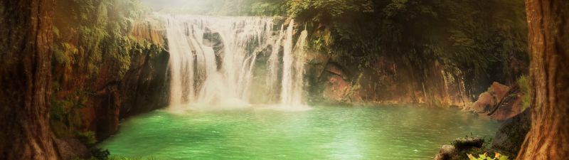 Surreal, Waterfall, Forest, Mystery, Lake, Scenic, Foggy, 5K