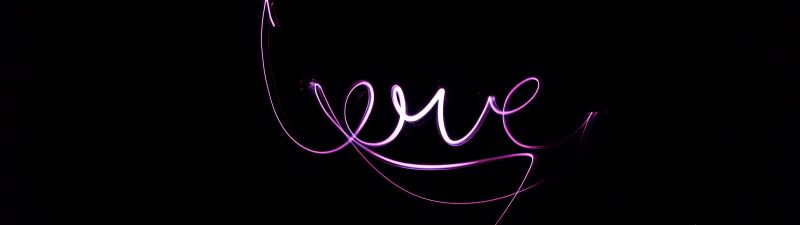 Love text, Black background, Purple lights, Valentine's Day, Neon light, 5K