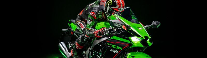 Kawasaki Ninja ZX-10R, AMOLED, Sports bikes, Black background, Biker, 2021