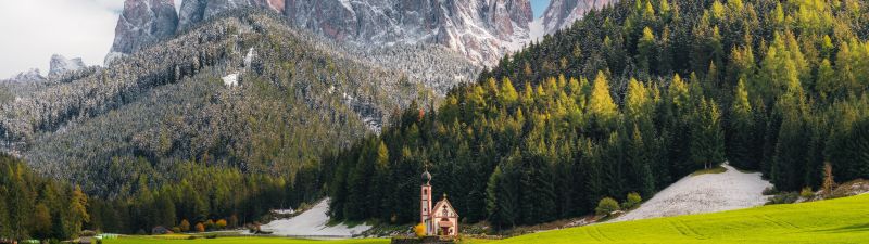 Church Of St Johann, Villnoss, Italy, Alps, Dolomites, Mountain range, Snow covered, Landscape, Scenery, Cathedral, Glacier mountains, Green Grass, Trees, Clouds, Famous Place, Tourist attraction, 5K, 8K