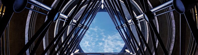 Multistorey car park, Looking up at Sky, Symmetrical, Pattern, Blue Sky, Circular, Structure, 5K