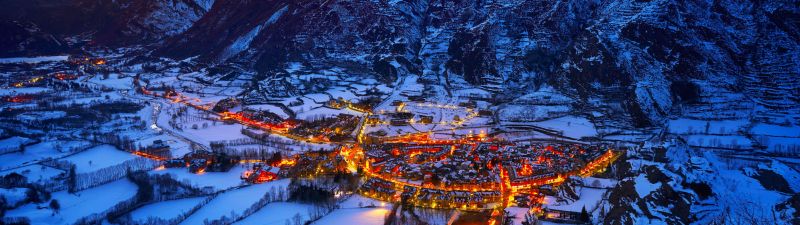 Spanish village, Benasque, Town, Winter, Pyrenees, Mountains, Night, Snow covered, 5K, 8K