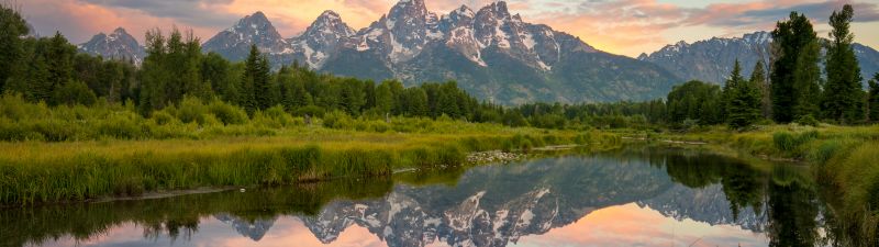 Grand Teton National Park, USA, Glacier mountains, Snow covered, Landscape, Mirror Lake, Reflection, Scenery, Green Trees