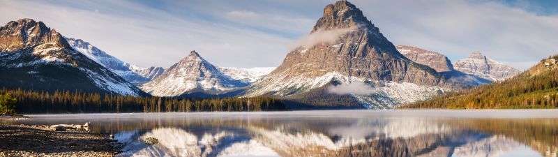 Glacier mountains, Mirror Lake, Body of Water, Mountain range, Reflection, Snow covered, Winter, Landscape, Scenery, 5K