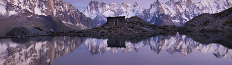 Mountain Hut, Mirror Lake, Snow covered, Glacier mountains, Sunset, Dusk, Reflection, Mountain range, Peaks