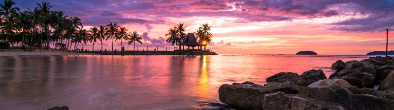 Tanjung Aru Resort, Kota Kinabalu, Malaysia, Sunset, Seascape, Palm trees, Landscape, Rocky coast, Long exposure, Cloudy Sky, Tourist attraction, 5K