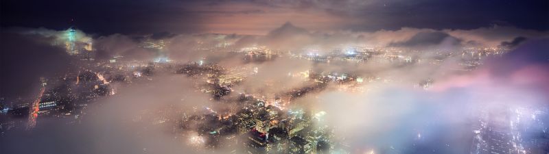 New York City, Above clouds, Cityscape, City lights, Aerial view, Skyline, Long exposure, Clouds, Starry sky, Skyscrapers, Digital composition