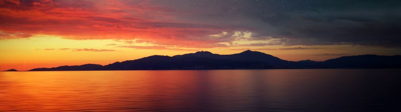 Corsica Island, Sunset Orange, Silhouette, Landscape, Astronomy, Galaxies, Milky Way, Starry sky, Scenery, Mountains