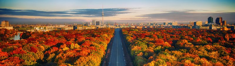 Autumn trees, Berlin City Skyline, Germany, Highway, Colorful, Blue Sky, Cityscape, Berlin TV Tower, Landscape, Beautiful, 5K