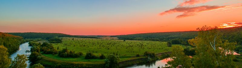 Upa River, Tula Region, Russia, Sunset Orange, Clear sky, Green Meadow, Water flow, Landscape, 5K
