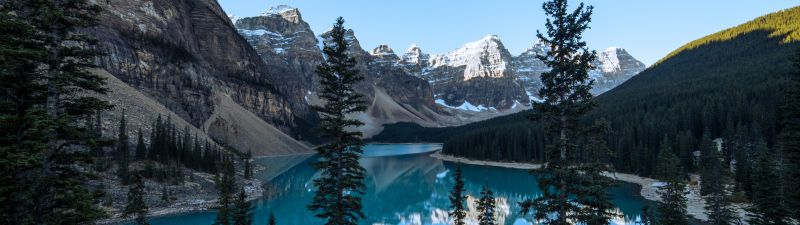 Moraine Lake, Glacier mountains, Canada, Valley of the Ten Peaks, Banff National Park, Green Trees, Reflection, Blue Water, Clear sky, Daytime, Landscape, Scenery, 5K