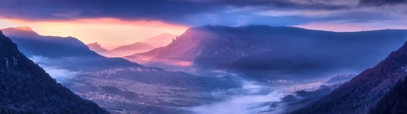 Mountains, Sunrise, Scenic, Early Morning, Countryside, Village, Sunlight, Hill Station, Clouds, Foggy, 5K
