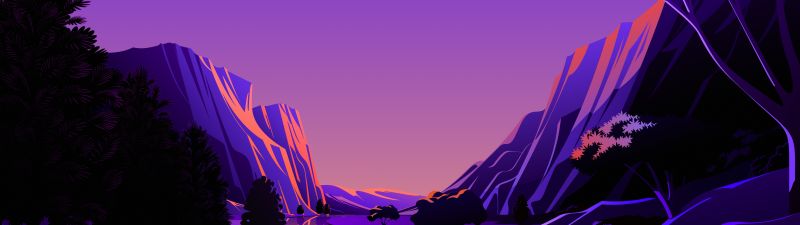 Lake, macOS Big Sur, Mountains, Rocks, Twilight, Sunset, Purple sky, Pink sky, Scenery, Illustration, iOS 14, Stock, Aesthetic, 5K