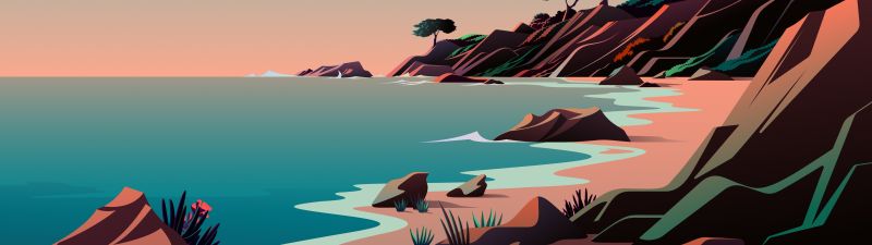 Aesthetic, Beach, Landscape, Morning, Scenery, Illustration, macOS Big Sur, iOS 14, Stock, 5K