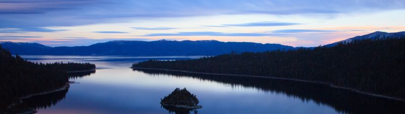 Emerald Bay, Lake Tahoe, California, Silhouette, Mountains, Mountain range, Reflection, Island, Landscape, Sunset