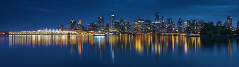 Vancouver City, Canada, Body of Water, Cityscape, City lights, Blue Sky, Night time, Skyscrapers, Reflection, Skyline, Long exposure