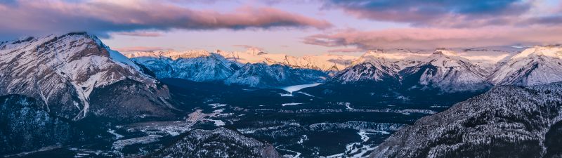 Banff National Park, Sulphur Mountain, Canada, Sunset, Bow Valley vantage point, Landscape, Snow covered, Winter, Village, Mountain range, Landscape