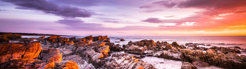 Bay of Fires, Tasmania, Australia, Sunrise, Rocky coast, Seascape, Ocean, Clouds, Purple sky