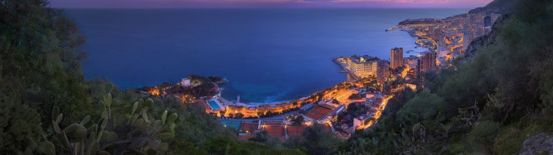 Monaco City, Cityscape, City lights, Purple sky, Sunset, Long exposure, Horizon, Clouds