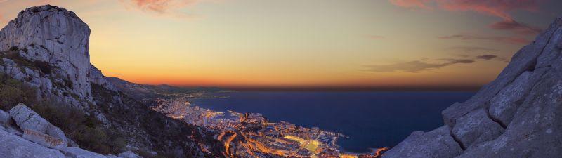 Monaco City, Sunrise, Horizon, Rocks, Clear sky, Clouds, Dusk, Cityscape, City lights, Long exposure, Cliffs, Landscape
