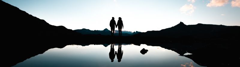 Couple, Switzerland, Silhouette, Together, Holding hands, Romantic, Mountains, Lake, Reflection, Dusk, Evening, 5K