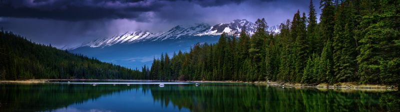 Valley of the five lakes, First Lake, Canada, Jasper National Park, Landscape, Reflection, Green Trees, Dark clouds, Stormy, Glacier mountains, Snow covered