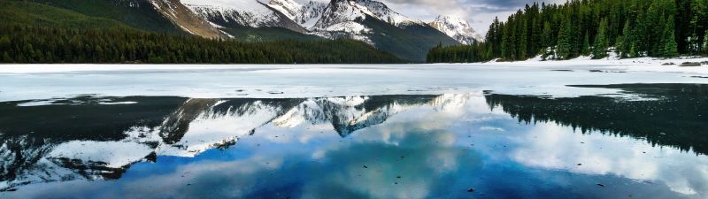 Maligne Lake, Canada, Cloudy Sky, Glacier mountains, Snow covered, Mirror Lake, Frozen, Winter, Green Trees, Reflection, Landscape