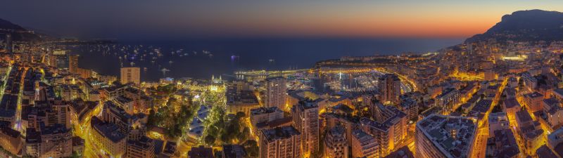 Monaco Yacht Show, Cityscape, City lights, Night time, Ocean, Seascape, Sunset, Crescent Moon, Starry sky
