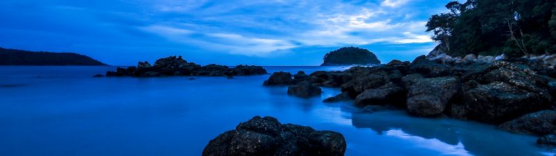 Kata Beach, Phuket, Thailand, Rocky coast, Seascape, Long exposure, Blue Sky, Twilight, Ocean, Dusk