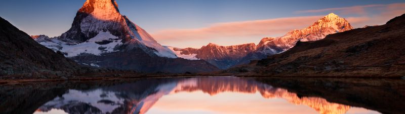 Riffelsee Lake, Switzerland, Glacier mountains, Snow covered, Reflection, Alpenglow, Sunset, Clear sky, Landscape, Scenery