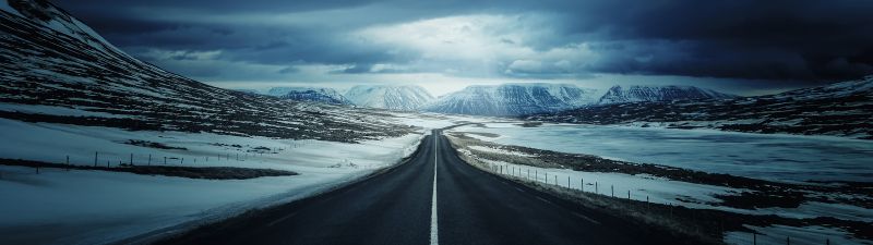 Iceland's Ring Road, Endless Road, Landscape, Snow covered, Winter, Glacier mountains, Calm, Dark clouds, Vanishing point