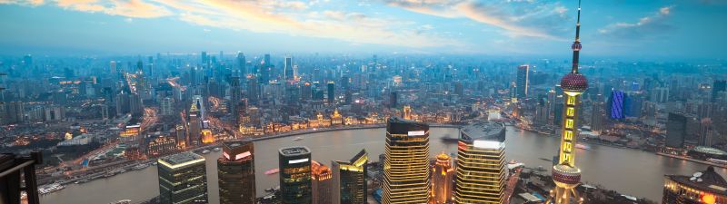 Shanghai City, Aerial view, China, Cityscape, Skyline, Sunset, Skyscrapers, High rise building, Oriental Pearl Tower, Evening sky, Clouds, 5K