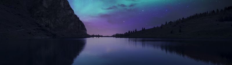 Bannalpsee, Switzerland, Aurora Borealis, Starry sky, Landscape, Mountains, Silhouette, Astronomy, Digital composition, Body of Water, Reservoir, Reflection