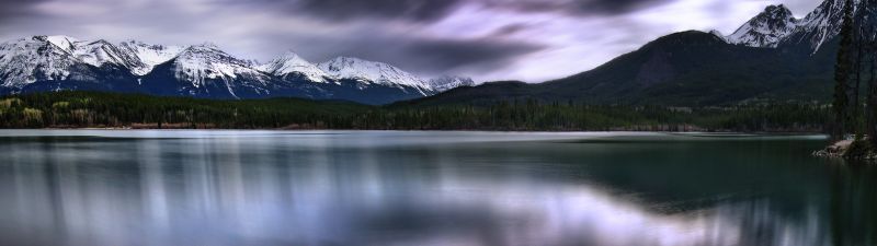 Pyramid Lake, Canada, Dark clouds, Landscape, Long exposure, Glacier mountains, Snow covered, Reflection, Body of Water