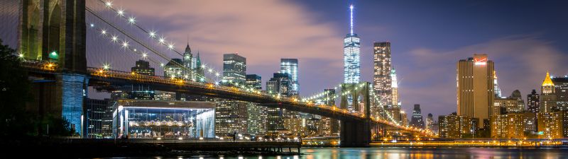 Brooklyn Bridge, Reflections, New York, Cityscape, City lights, Body of Water, Skyscrapers, Suspension bridge, Skyline, Night time